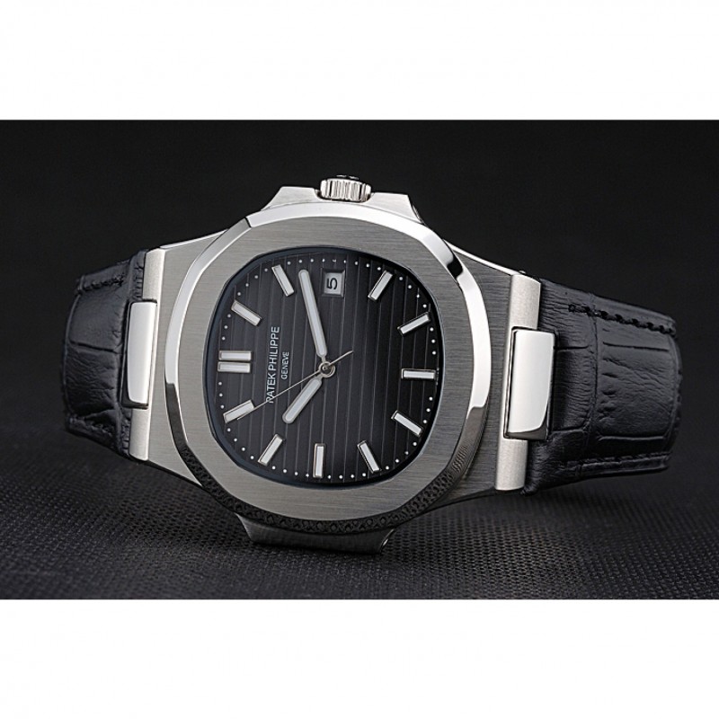 Patek Philippe Nautilus Black Dial Brushed Stainless Steel Case Black Leather Strap-3