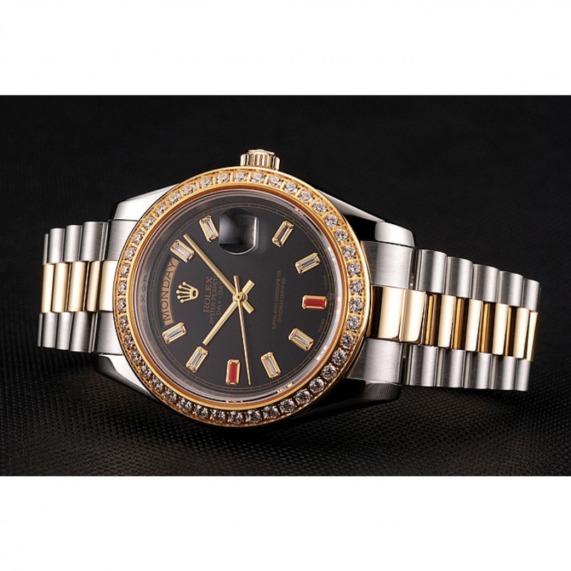 Swiss Rolex Day-Date Diamonds And Rubies Black Dial Two Tone Bracelet 1454105-4