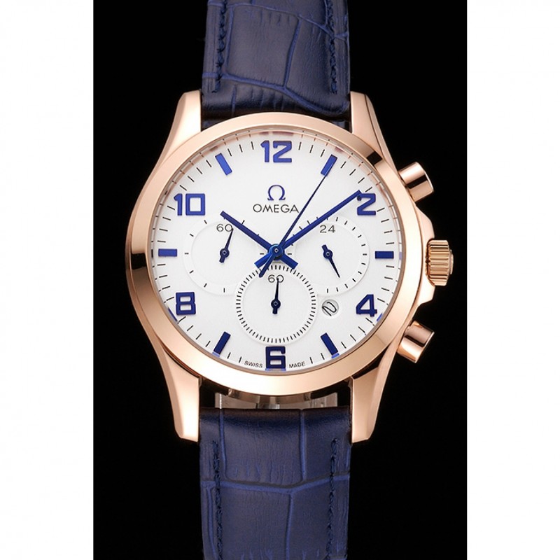 AAA Replica Watches Omega Chronograph White Dial Rose Gold Case Blue Leather Strap-1