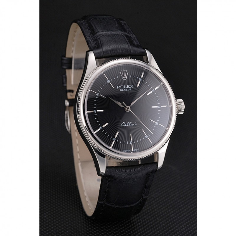 Swiss Rolex Cellini Black Dial Steel Case Black Leather Strap-2