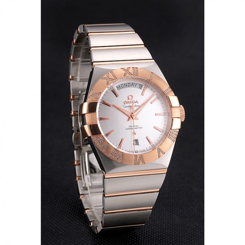 Swiss Omega Constellation White Dial Stainless Steel Case Rose Gold Bezel Two Tone Bracelet-2