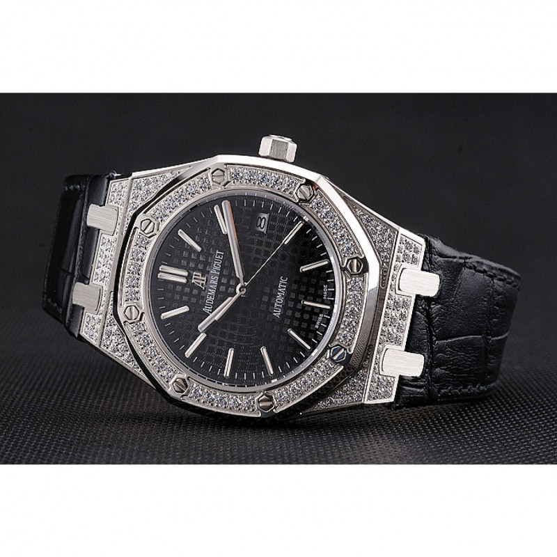 Swiss Audemars Piguet Royal Oak Black Dial Steel Case With Diamonds Black Leather Strap-3