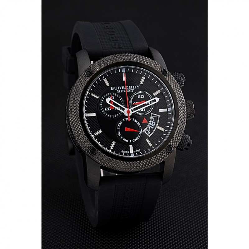 SS Replica Watches Round Burberry Sport Athlete Chronograph Black Case Triple-eye Black Rubber Bracelet 622619-2