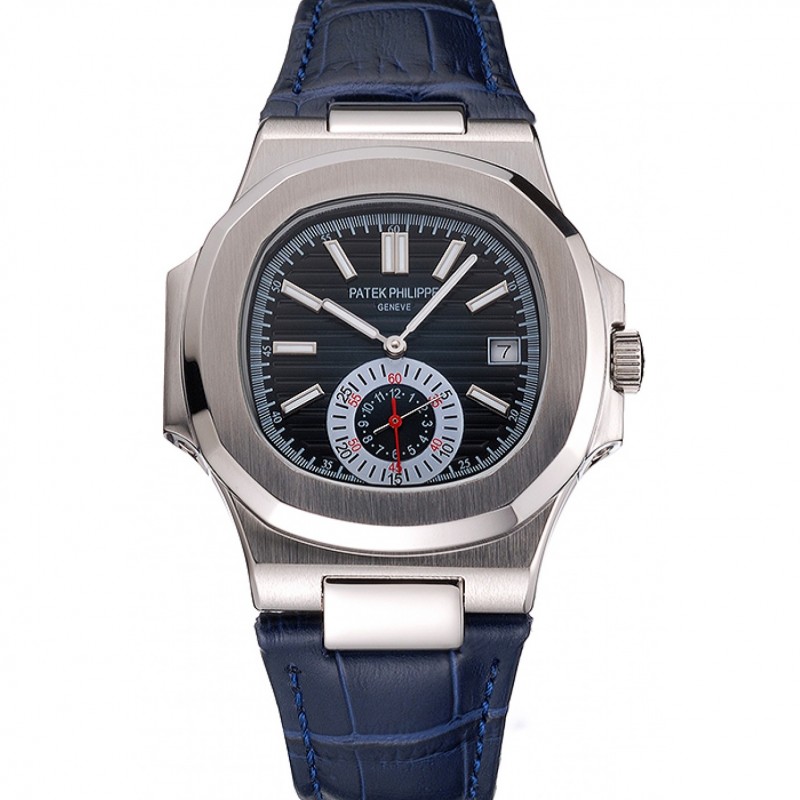 AAA Replica Watches Patek Philippe Nautilus Blue Dial Stainless Steel Case Blue Leather Strap-0