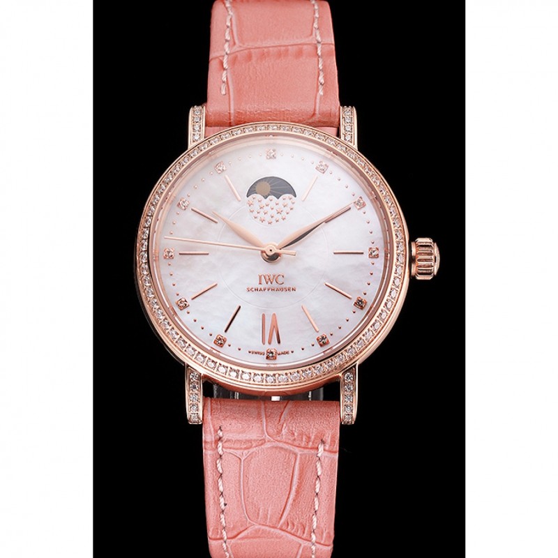 IWC Portofino Moon Phase Silver Dial Rose Gold Case Diamonds Bezel Pink Leather Strap-1