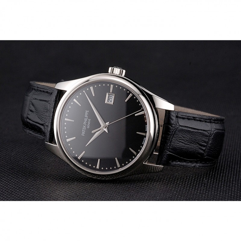 Swiss Patek Philippe Calatrava Black Dial Stainless Steel Case Black Leather Strap-3