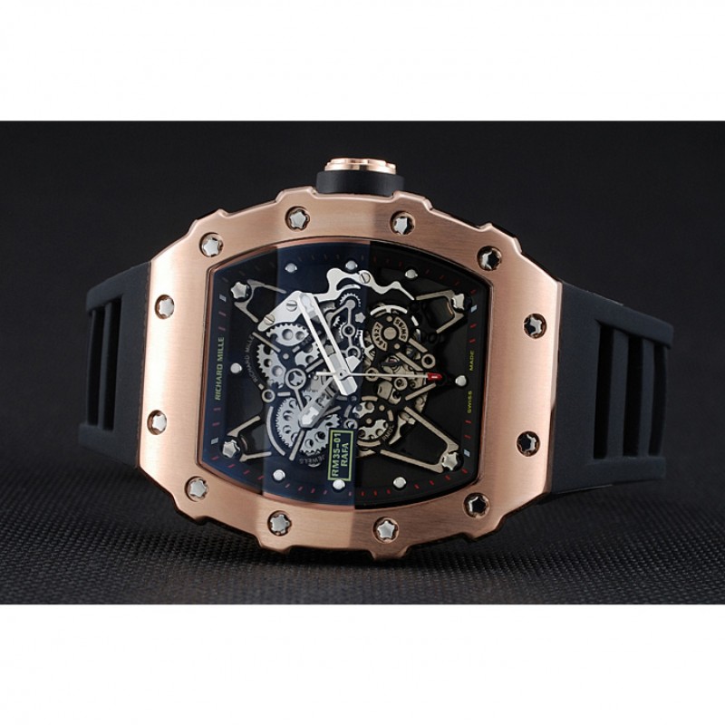 Cheap Replica Watches Richard Mille RM 35-01 Rafael Nadal Gold Case Black Rubber Bracelet 1454197-3