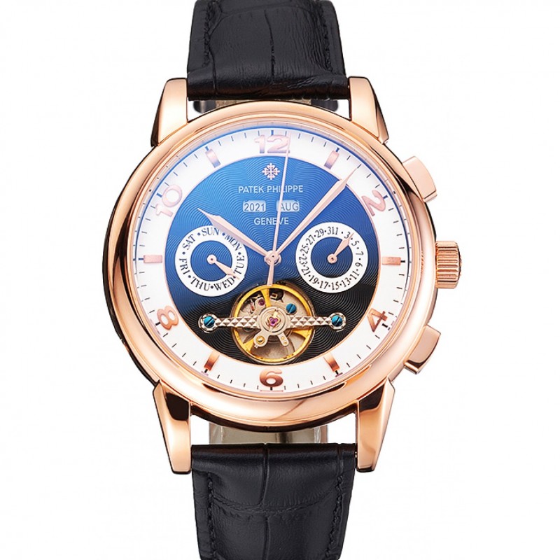Patek Philippe Perpetual Calendar Tourbillon Black And White Dial Rose Gold Case Black Leather Strap-0