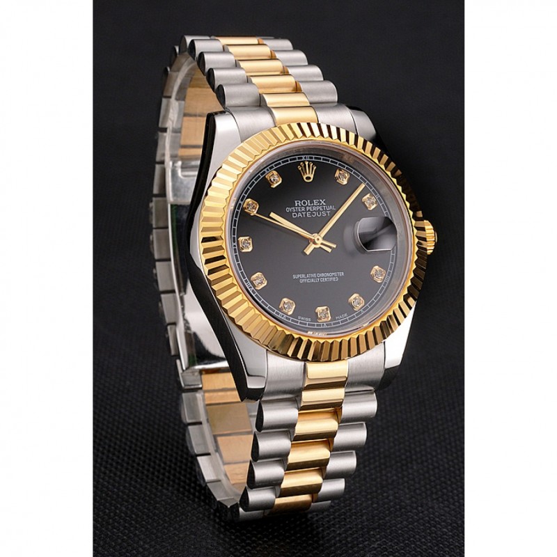 Swiss Rolex Datejust Black Dial Stainless Steel Case Gold Bezel Two Tone Bracelet-2