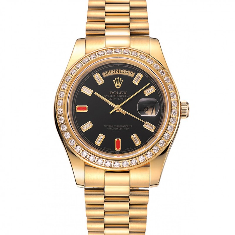 Swiss Rolex Day-Date Diamonds And Rubies Black Dial Gold Bracelet 1454101-0