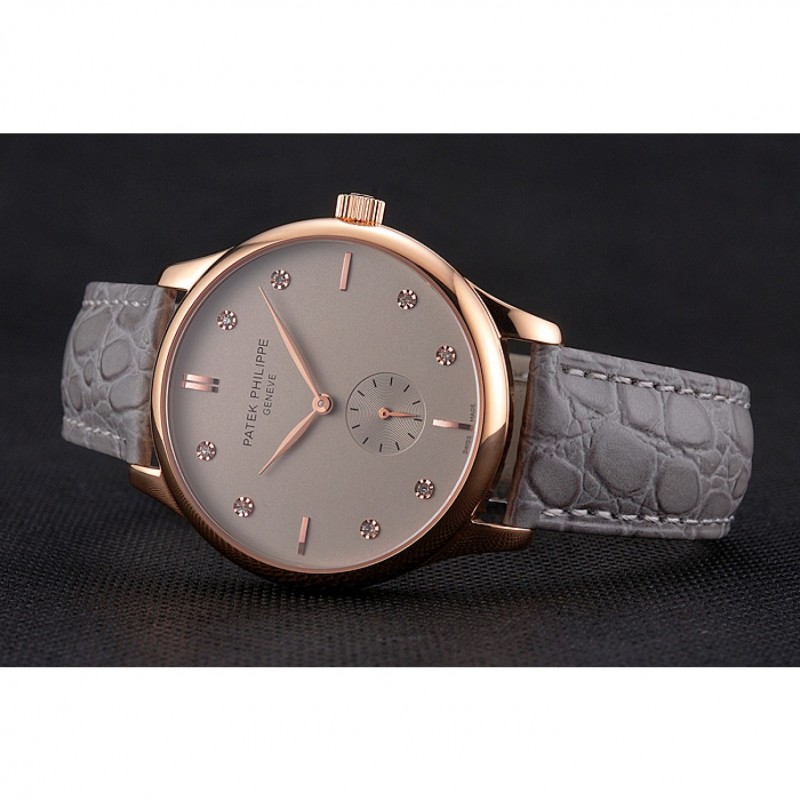High End Replica Watches Patek Philippe Calatrava Gray Dial Diamond Markings Rose Gold Case Gray Leather Strap-4