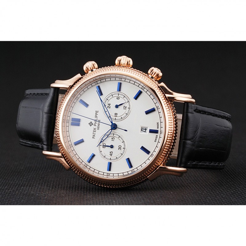 High End Replica Watches Patek Philippe Chronograph White Dial Blue Markings Rose Gold Case Black Leather Strap-3