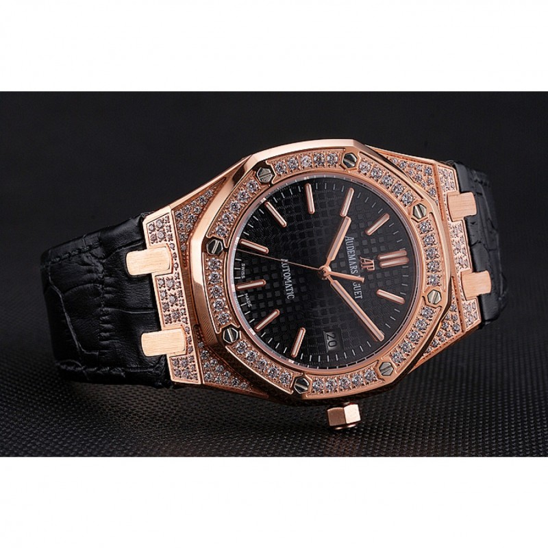 Swiss Audemars Piguet Royal Oak Black Dial Gold Case With Diamonds Black Leather Strap-4