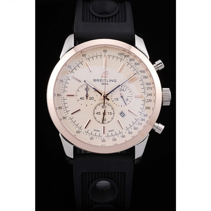 Breitling Transocean White Dial Black Rubber Strap Rose Gold Bezel-1