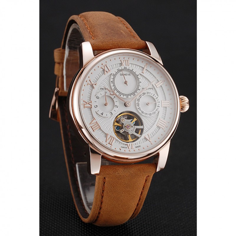 Patek Philippe Grand Complications Day Date Tourbillon White Dial Rose Gold Case Brown Suede Leather Strap 1453813-2