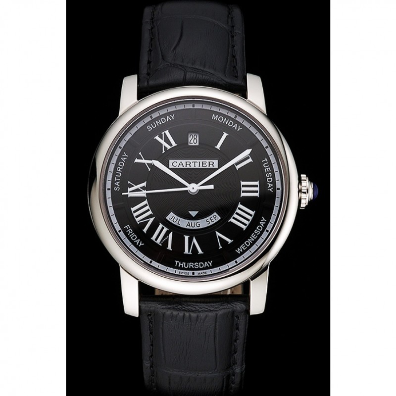 SS Replica Watches Swiss Cartier Rotonde Annual Calendar Black Dial Stainless Steel Case Black Leather Strap-1