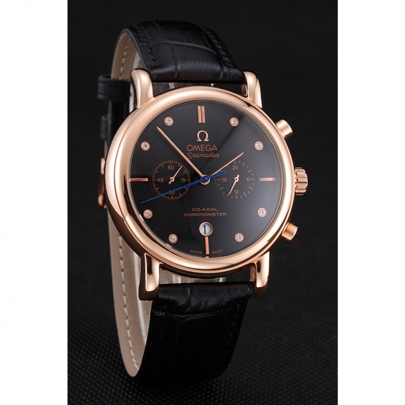 Omega Seamaster Vintage Chronograph Black Dial Diamond Hour Marks Rose Gold Case Black Leather Strap-2