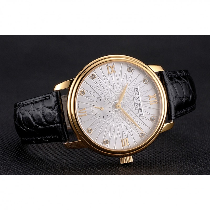 Patek Philippe Calatrava White Embossed Dial Gold Case Black Leather Strap-3