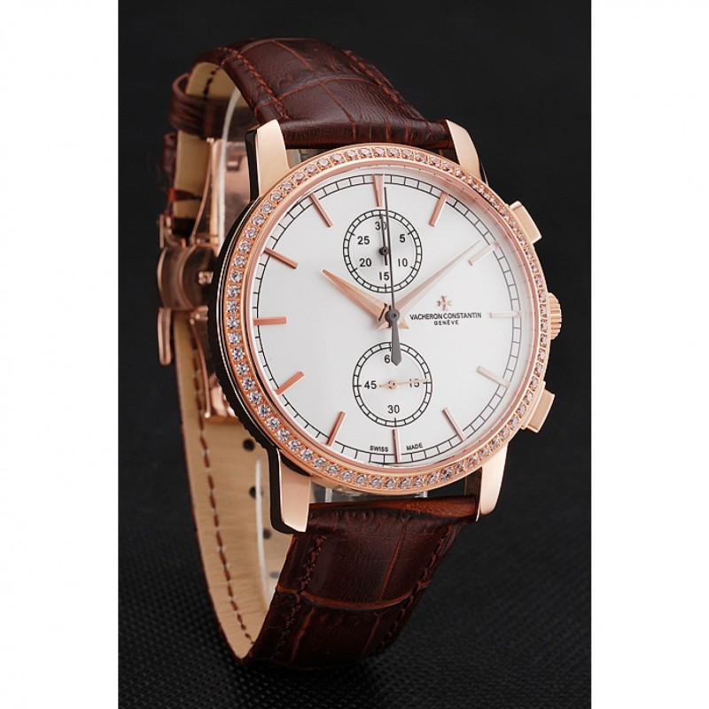 Swiss Vacheron Constantin Patrimony Traditionnelle Chronograph White Dial Diamond Bezel Rose Gold Case Brown Leather Strap 1453764-2