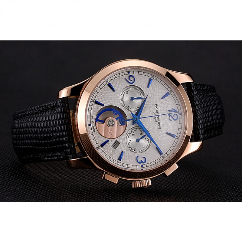 Patek Philippe Chronograph White Guilloche Dial Rose Gold Case Black Leather Strap-4