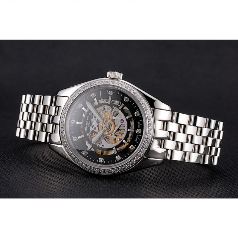 Swiss Patek Philippe Calatrava Black Openworked Dial Diamond Bezel Stainless Steel Case And Bracelet-3