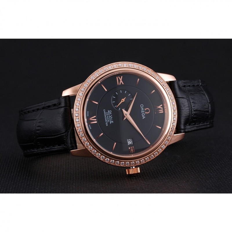 Omega De Ville Prestige Co-Axial Black Dial Rose Gold Diamond Case Black Leather Strap Roman Numeral-3