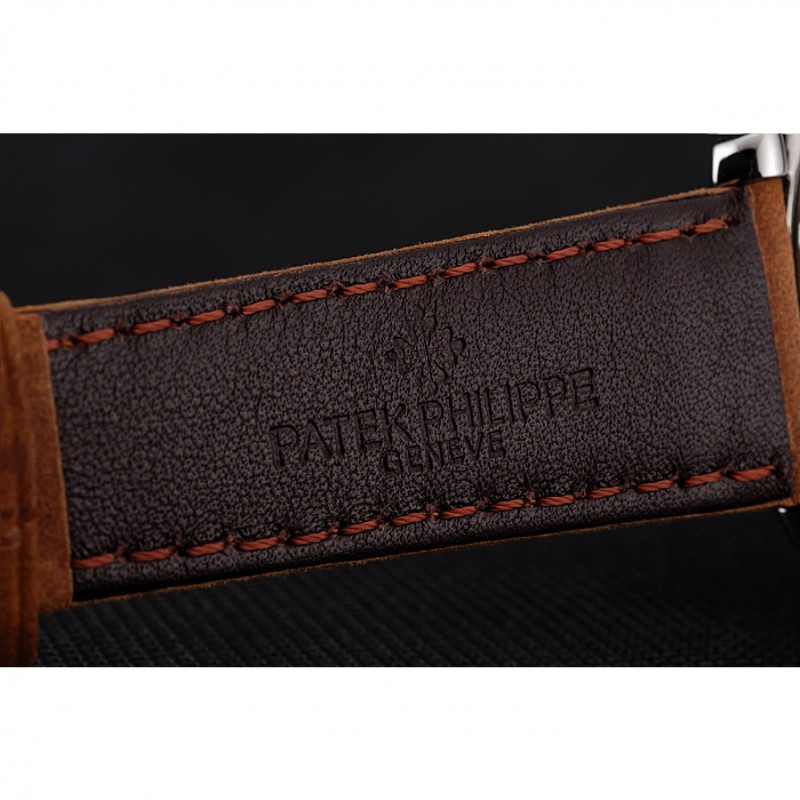 Patek Philippe Grand Complications Day Date Tourbillon Whie Dial Stainless Steel Case Brown Suede Leather Strap 1453817-6