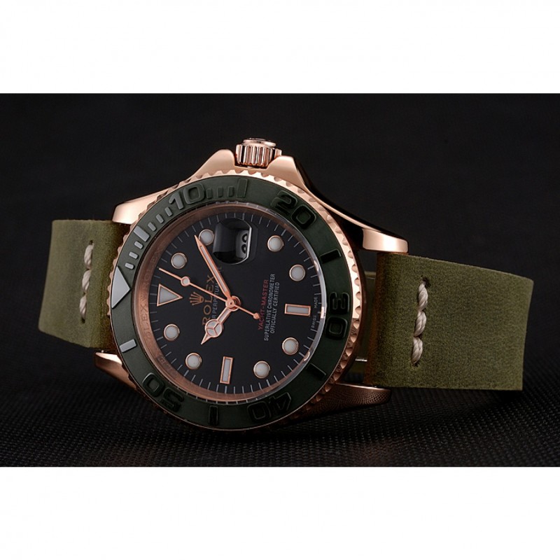 Rolex Yacht Master Black Dial Green Bezel Rose Gold Case Green Leather Bracelet 1453862-3