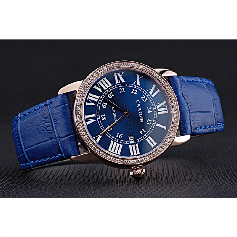 Swiss Cartier Ronde Solo Gold Diamond Case Blue Dial Roman Numerals 622208-3