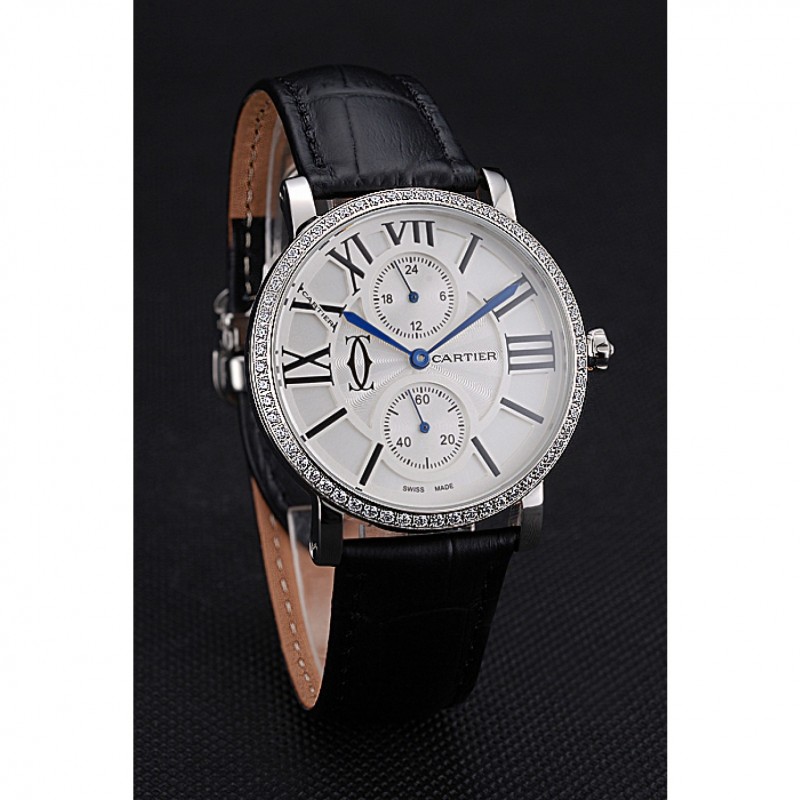 SS Cartier Ronde Second Time Zone White Dial Stainless Steel Case With Diamonds Black Leather Strap 622804-2
