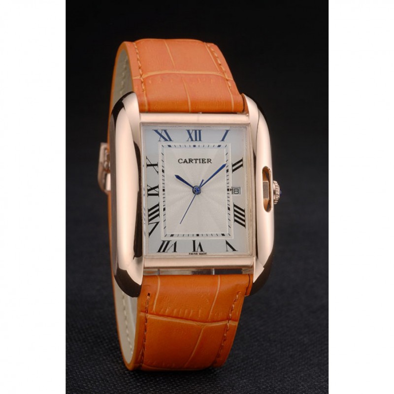 SS Cartier Tank Anglaise 36mm White Dial Gold Case Orange Leather Bracelet-2