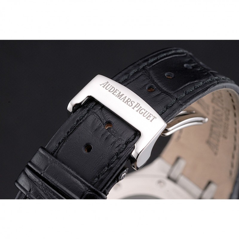 Swiss Audemars Piguet Royal Oak Black Dial Steel Case With Diamonds Black Leather Strap-5