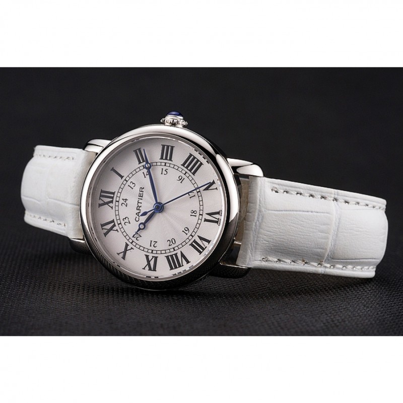 Cartier Ronde White Dial Stainless Steel Case White Leather Strap-3