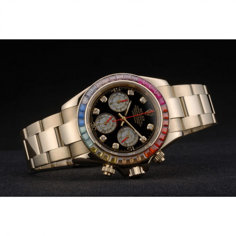 Best Replica Watches Rolex Daytona Cosmograph Rainbow Crystals Bezel Rose Gold Strap Black Dial 80251-3