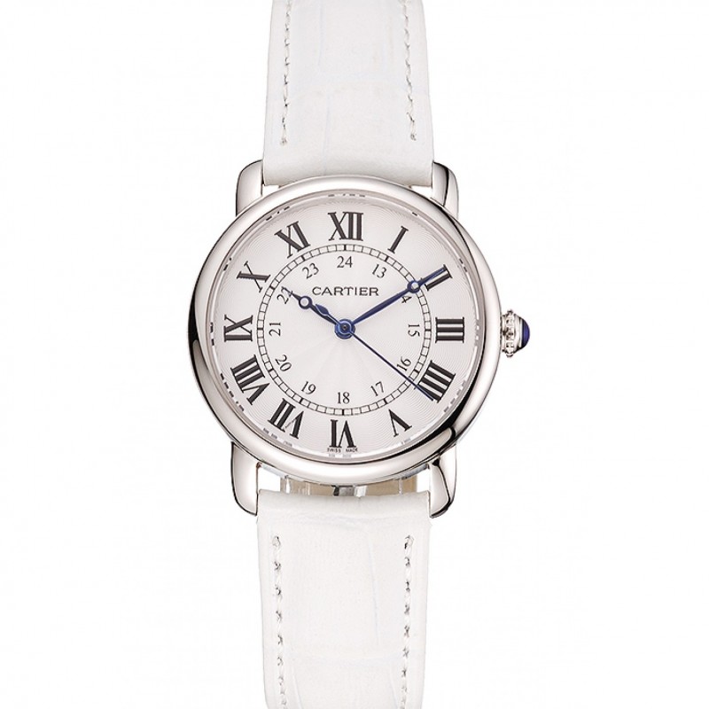 Cartier Ronde White Dial Stainless Steel Case White Leather Strap-0