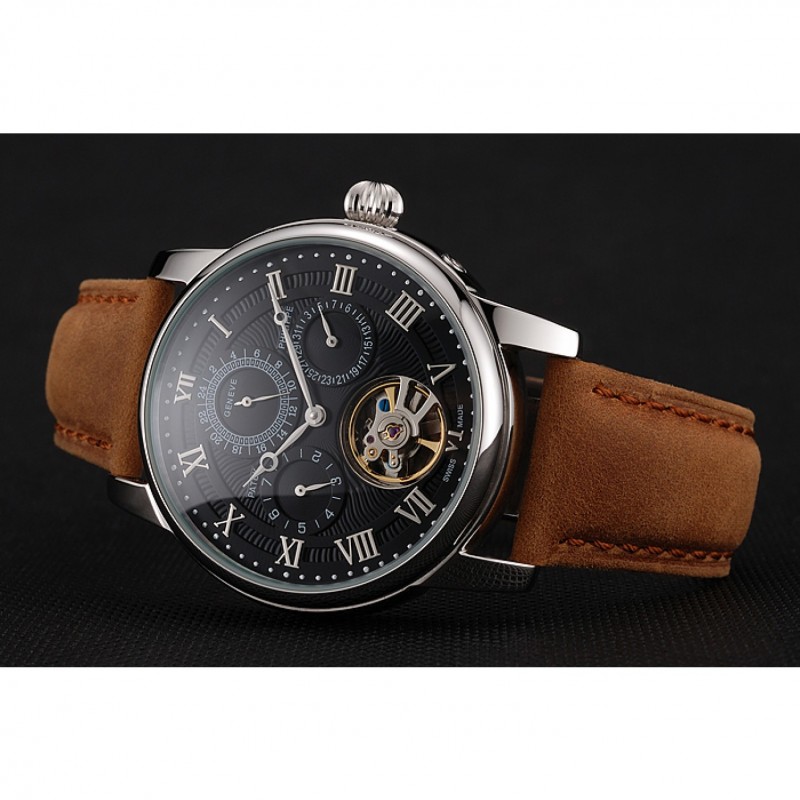 Patek Philippe Grand Complications Day Date Tourbillon Black Dial Numerals Stainless Steel Case Brown Suede Leather Strap 1453816-4