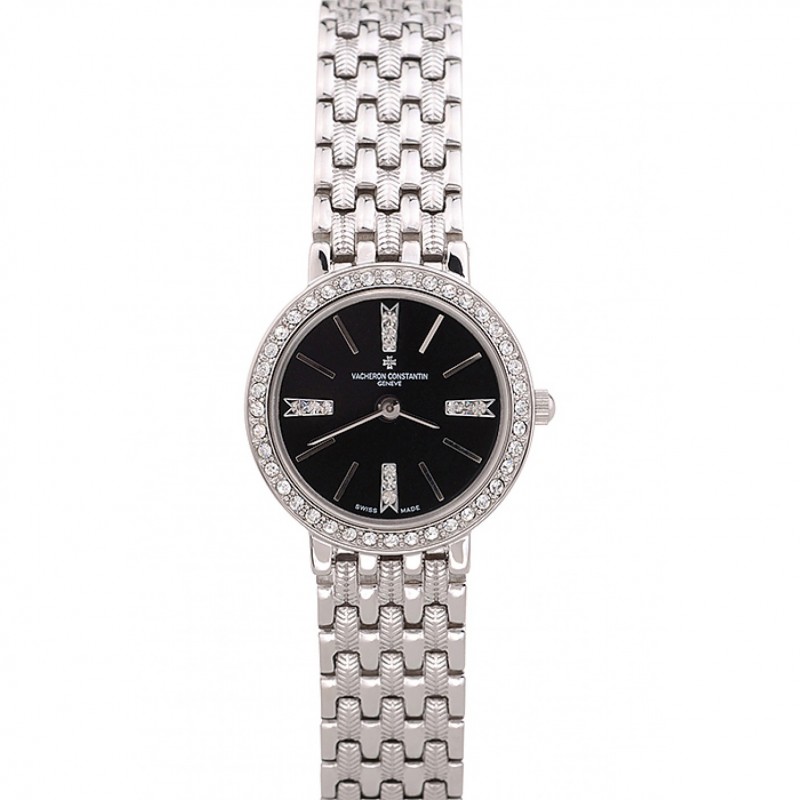 SS Replica Watches Vacheron Constantin Patrimony Traditionnelle Diamond Black Dial Stainless Steel Bracelet-0