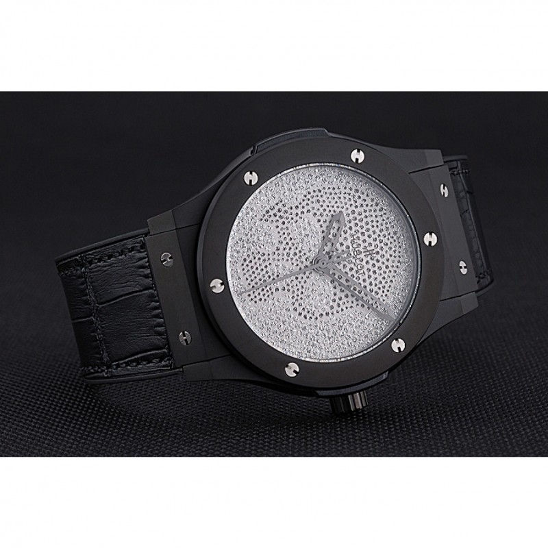 Hublot Classic Fusion Diamond Skull Dial Black Steel Case Black Leather Strap 622815-3
