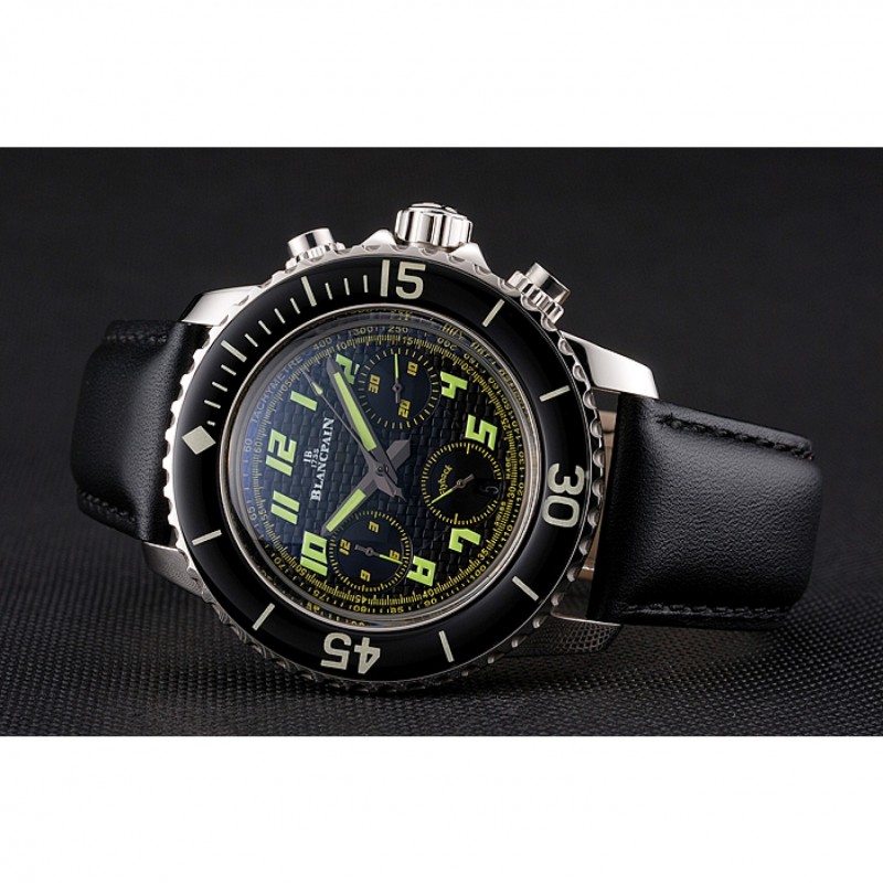Swiss Blancpain Fifty Fathoms Flyback Chronograph Carbon Fiber Dial Stainless Steel Case Black Leather Strap-4