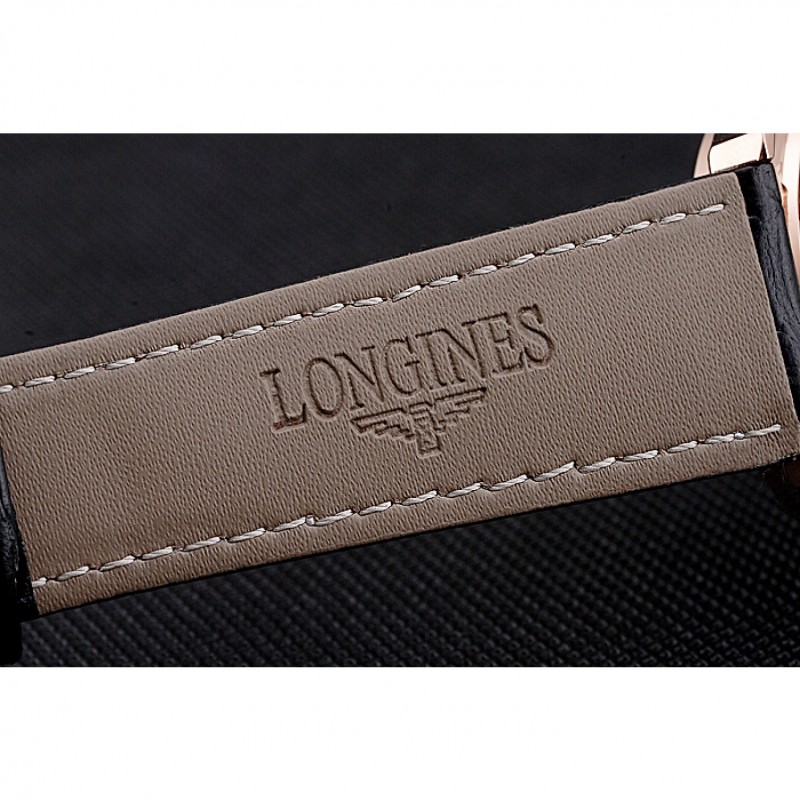 Longines Column Wheel Black Dial Gold Case Black Leather Strap-7