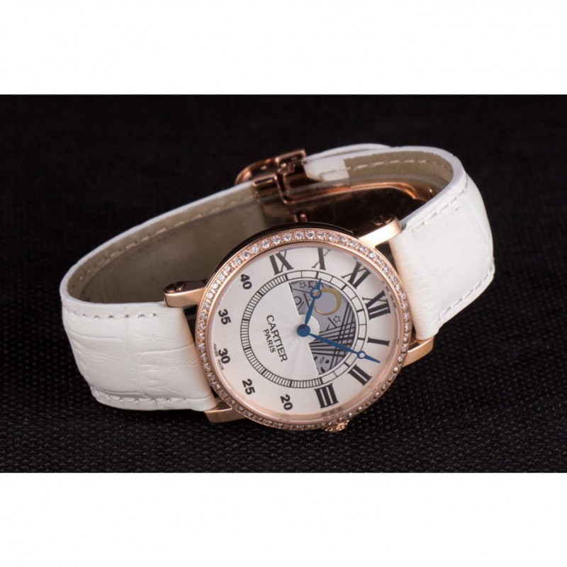 Cartier Moonphase Rose Gold Watch with White Leather Band ct254 621373-3