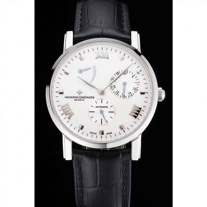Cheap Swiss Vacheron Constantin Patrimony Quantieme Reserve De Marche White Dial Stainless Steel Case Black Leather Strap-1
