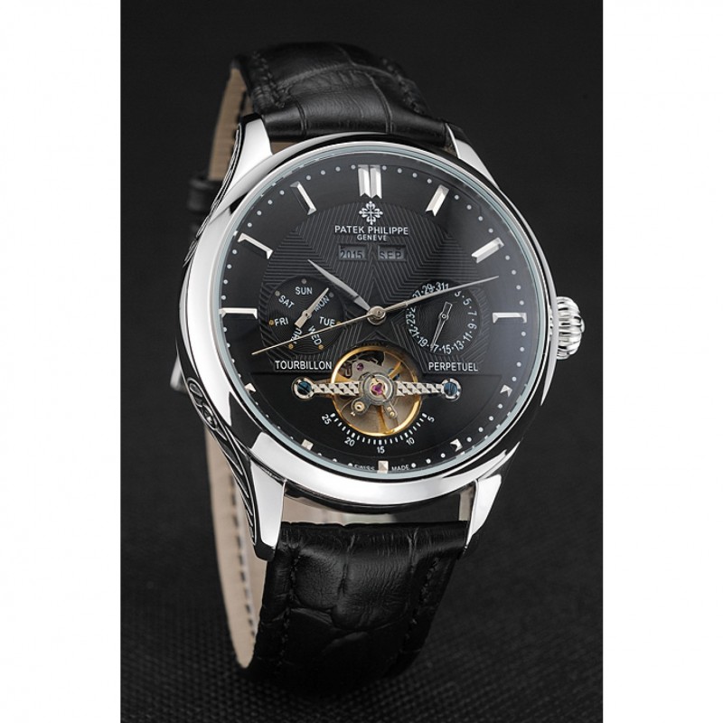 Cheap Replica Watches Patek Philippe Day Date Tourbillon Black Dial Stainless Steel Case Black Leather Strap 622839-2