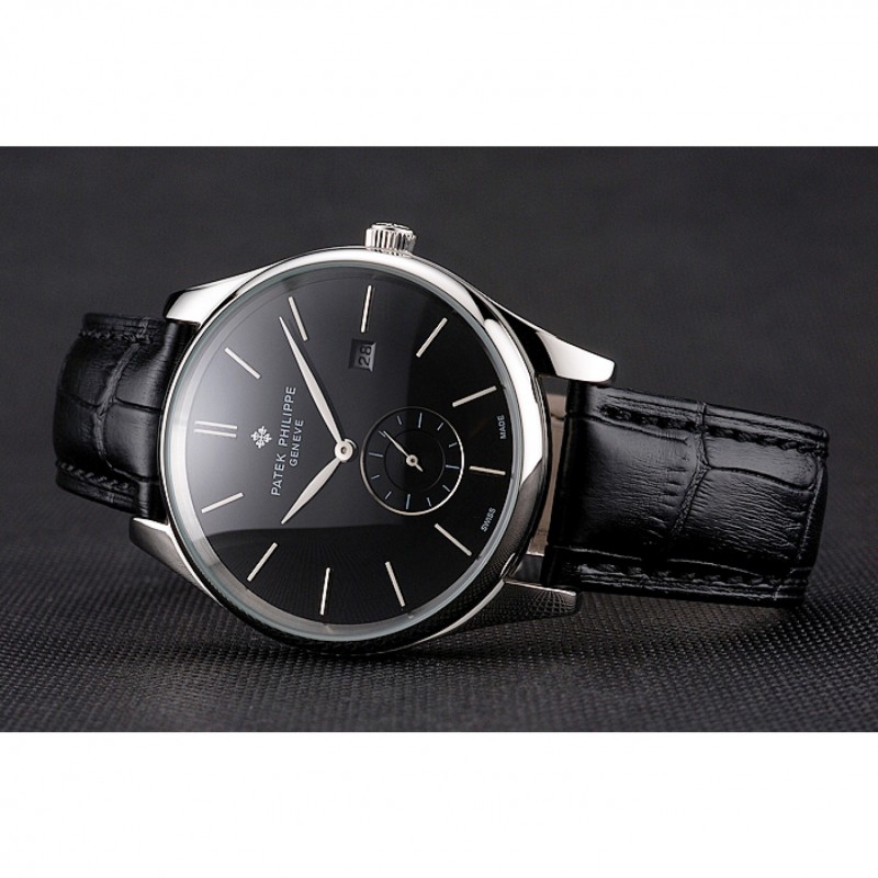 Best Replica Watches Patek Philippe Calatrava Date Black Dial Stainless Steel Case Black Leather Strap-4