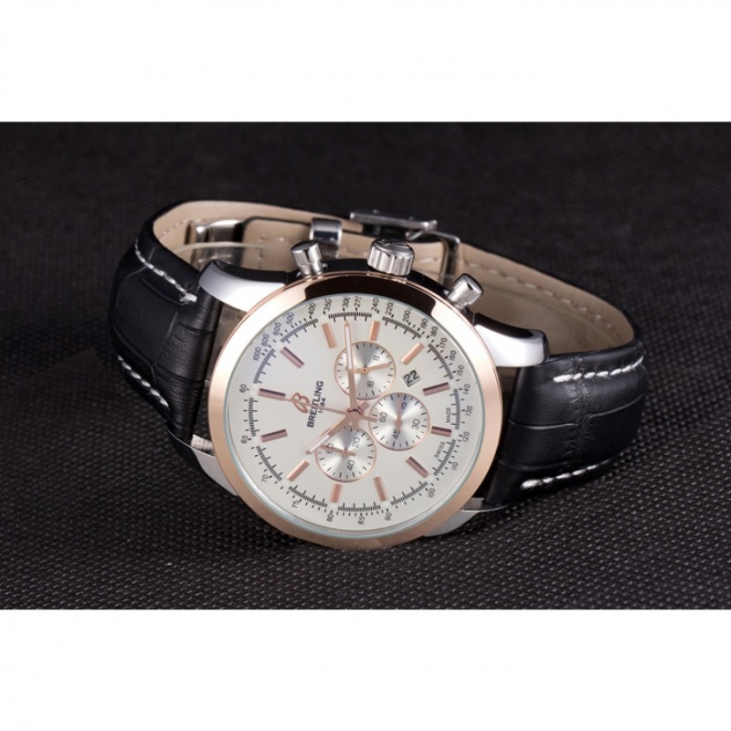 Breitling Transocean White Dial Black Leather Strap Rose Gold Bezel 98205-4
