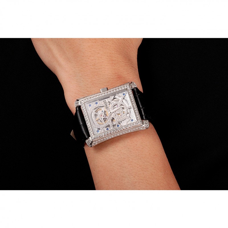 Swiss Piaget Emperador Tourbillon Skeleton Silver Diamond Case Black Leather Bracelet 1453943-8