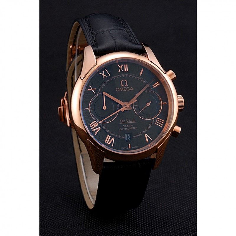 Omega DeVille Rose Gold Bezel with Black Dial and Black Leather Strap 621569-2