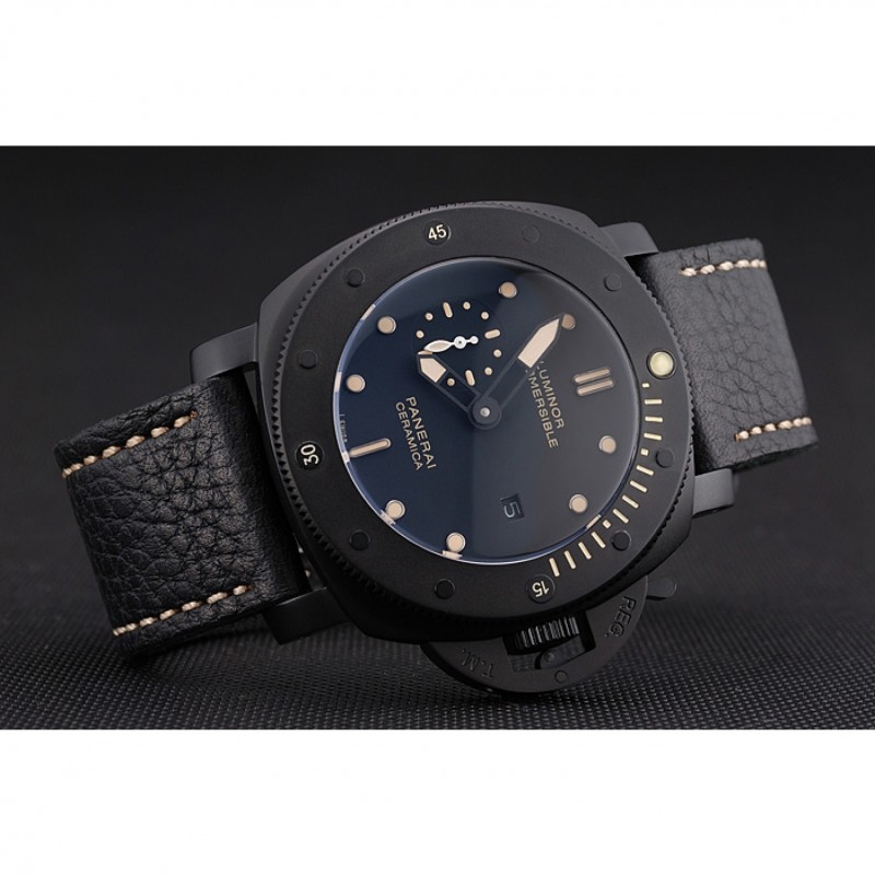 SS Panerai Luminor Submersible Black Dial Black Case Black Leather Strap-4
