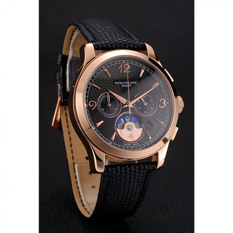 Patek Philippe Chronograph Black Guilloche Dial Rose Gold Case Black Leather Strap-2