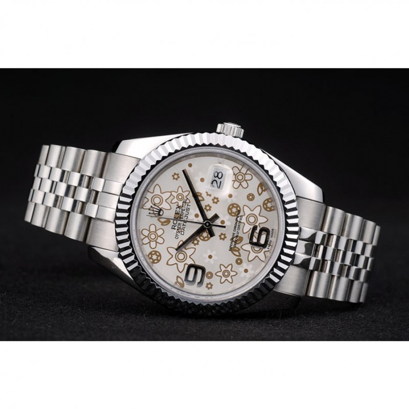 Best Replica Watches Rolex Swiss DateJust Stainless Steel Ribbed Bezel Flower Silver Dial 42001-3
